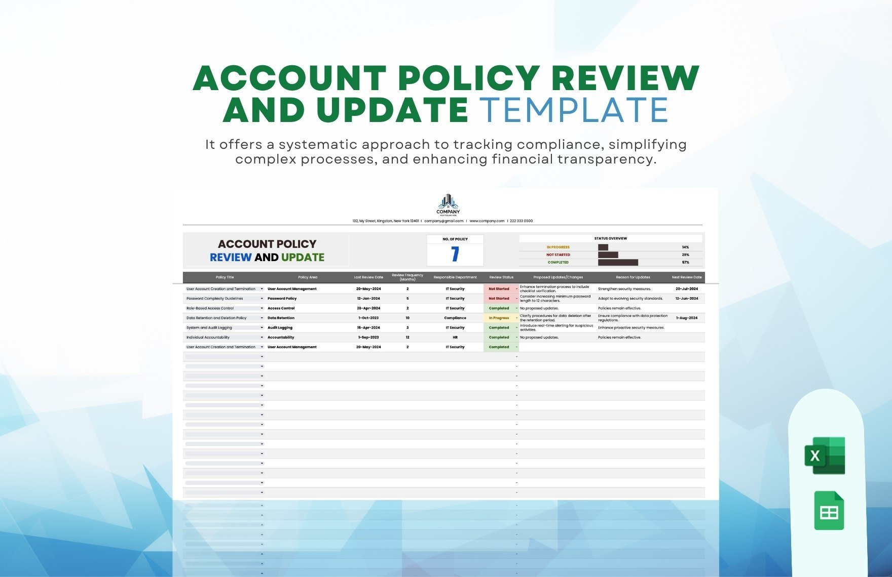 Account Policy Review and Update Template in Excel, Google Sheets