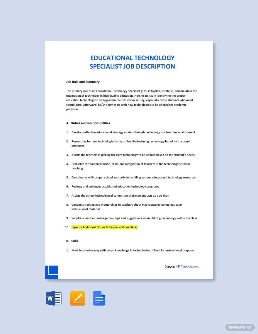 Free Educational Technology Specialist Job Description Template