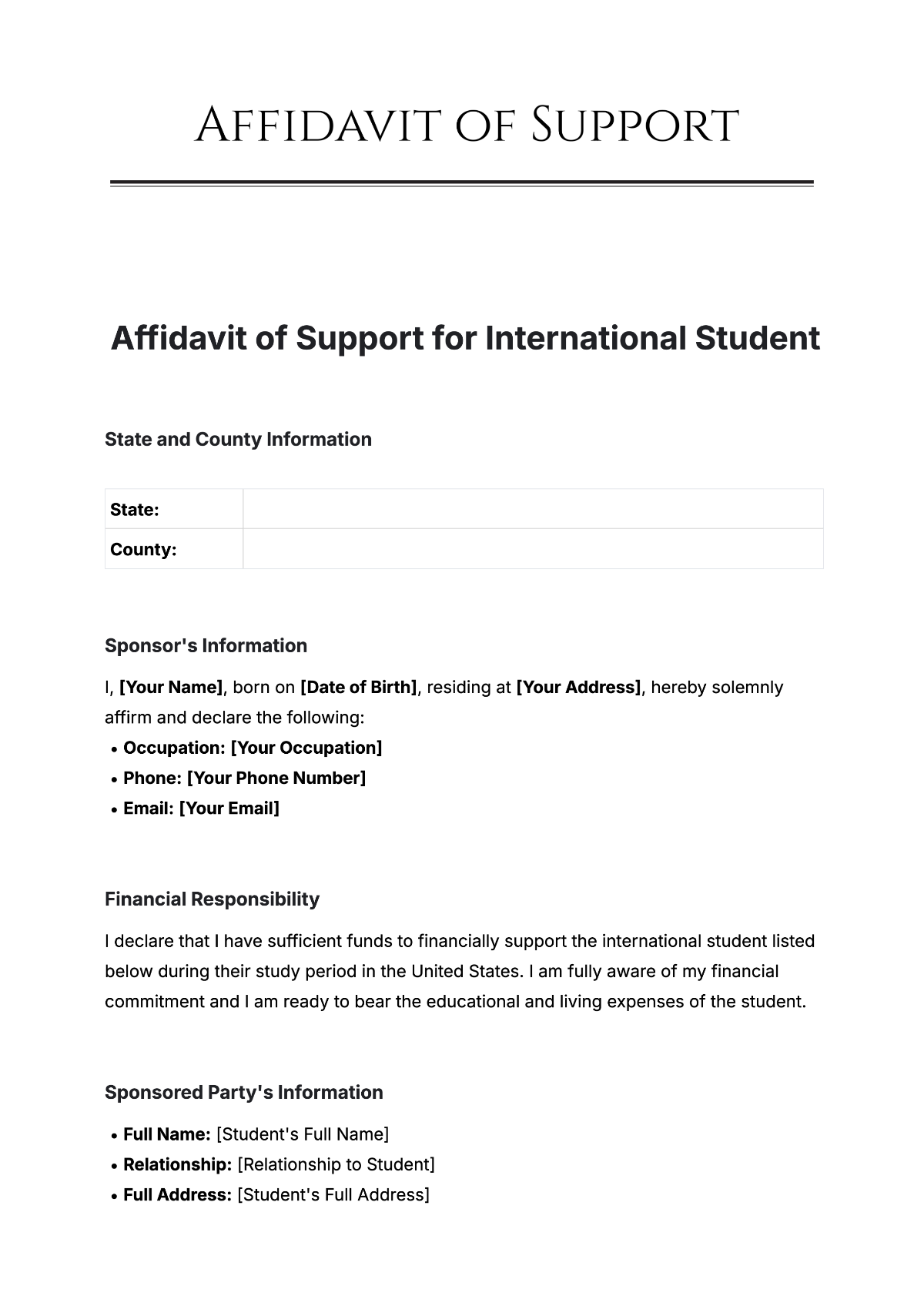 Free Affidavit Of Support Form For International Students Template