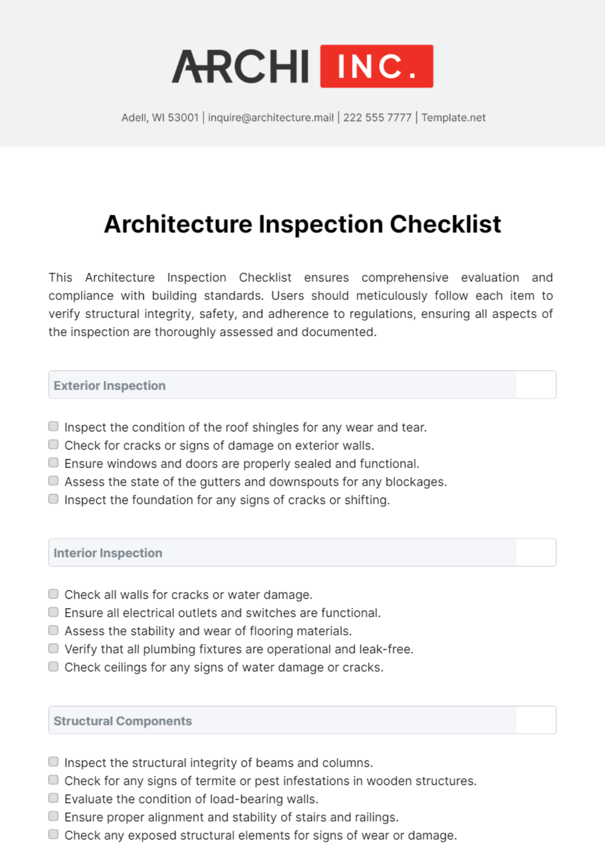 Architecture Inspection Checklist Template - Edit Online & Download