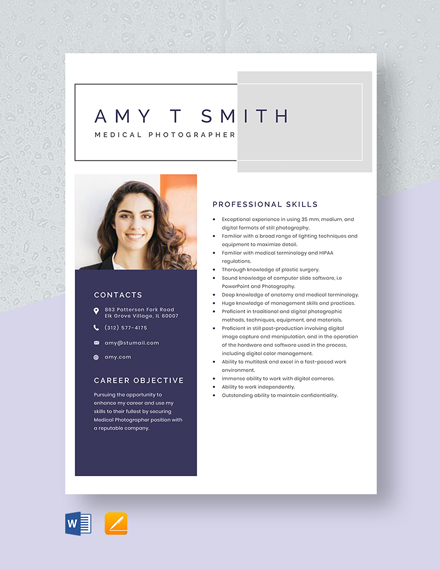 Free Medical Photographer Resume Template - Word, Apple Pages