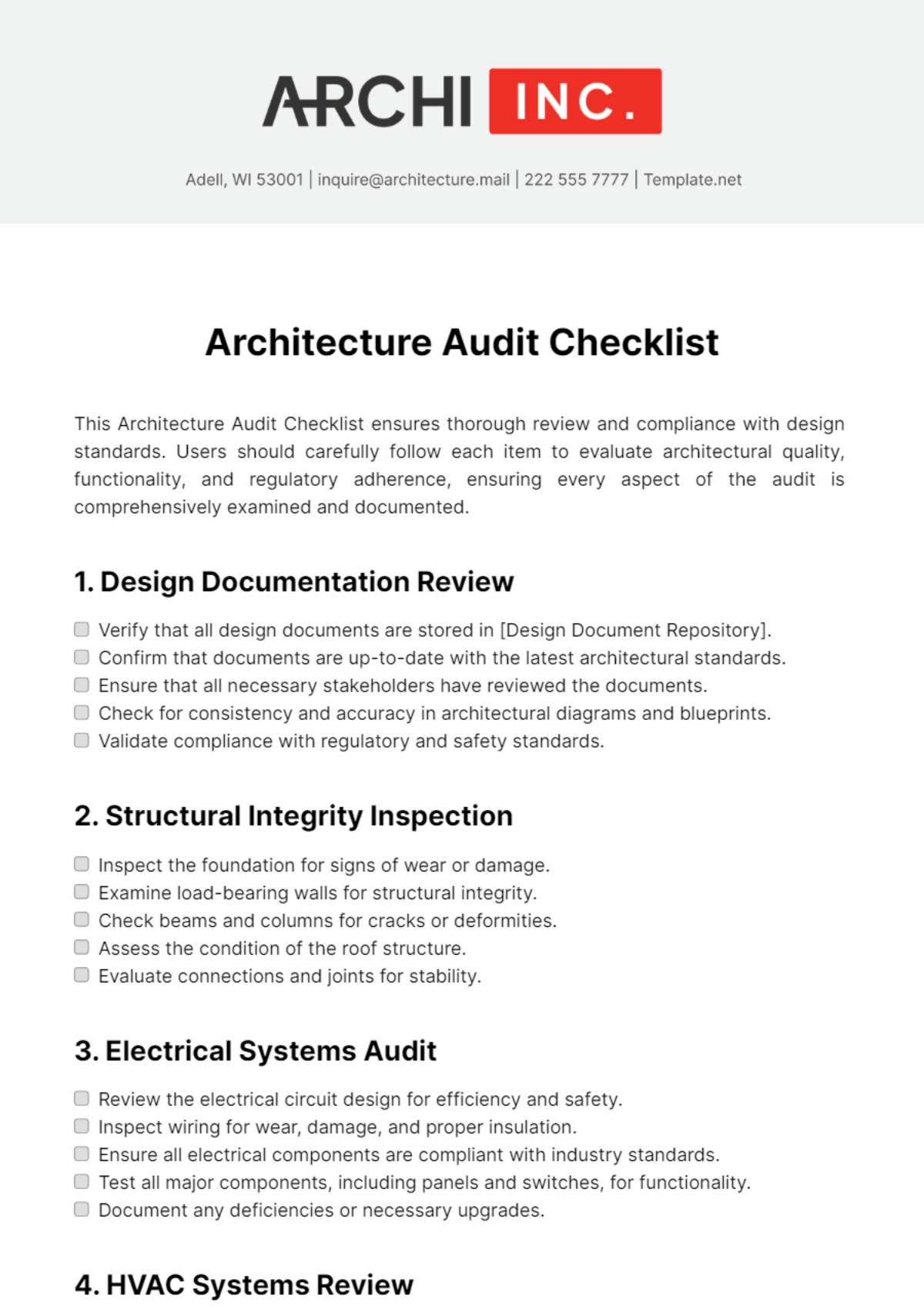 Architecture Audit Checklist Template - Edit Online & Download