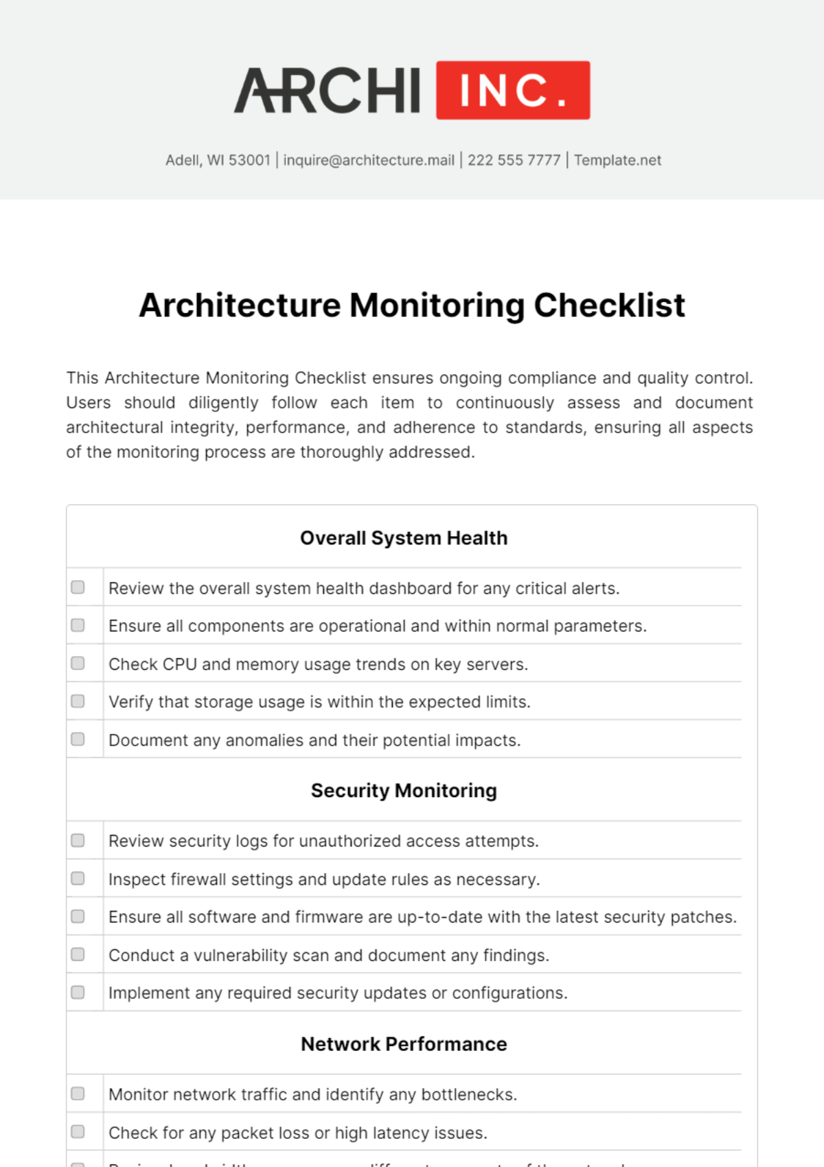 Architecture Monitoring Checklist Template - Edit Online & Download