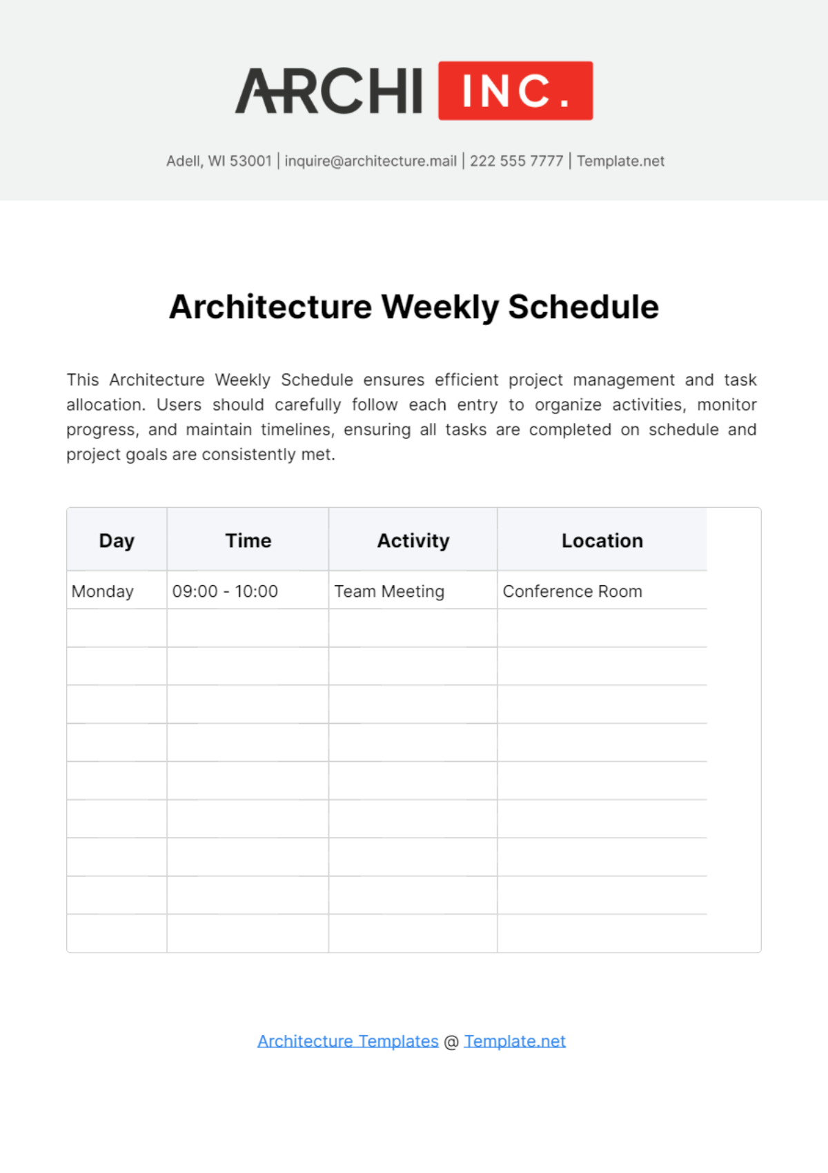 Architecture Weekly Schedule Template - Edit Online & Download