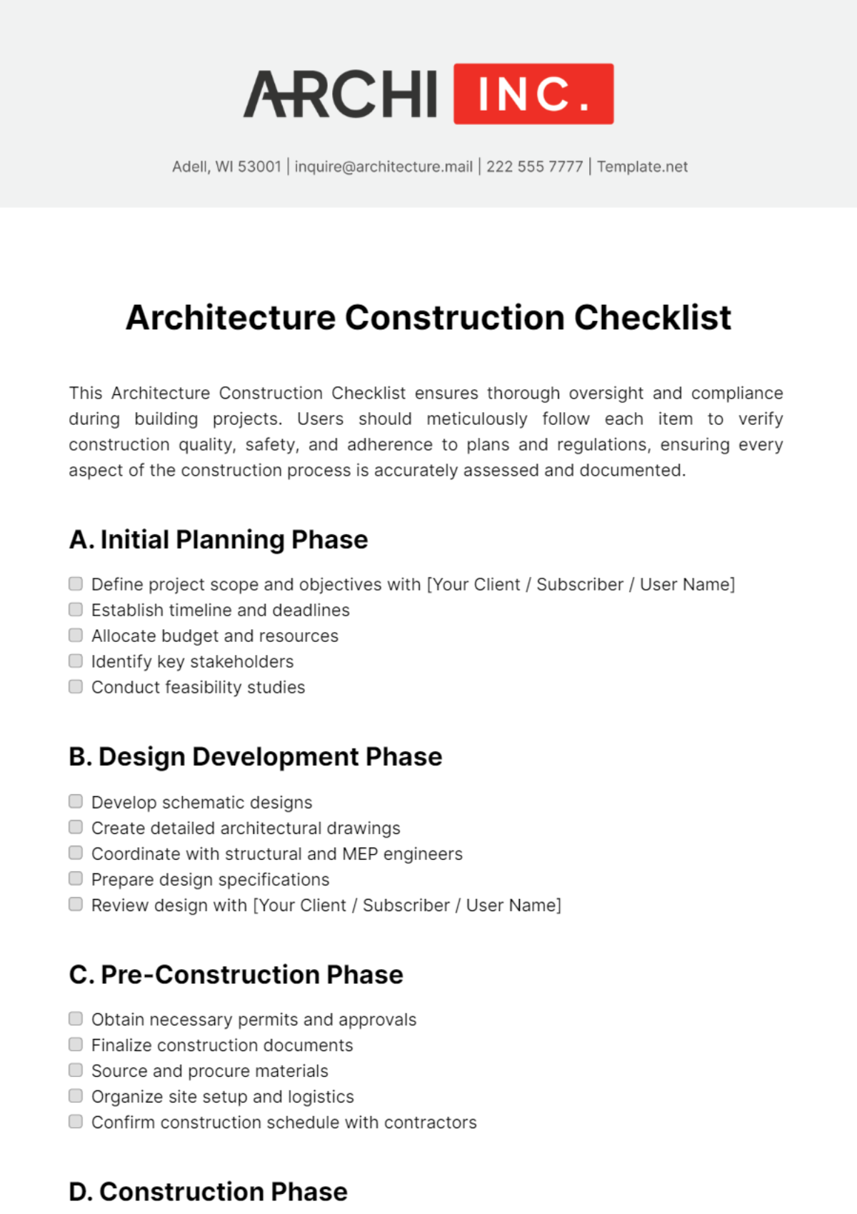 Architecture Construction Checklist Template - Edit Online & Download