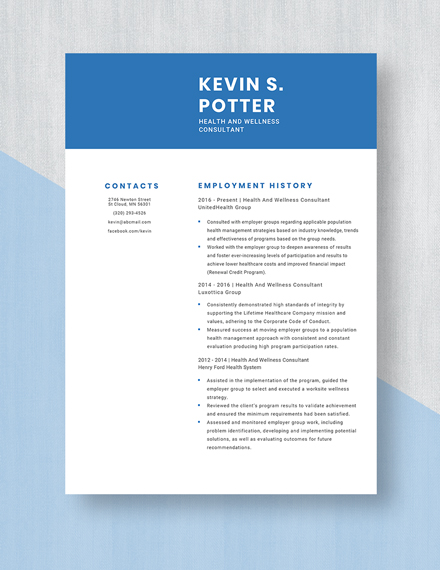 Health And Wellness Consultant Resume Template