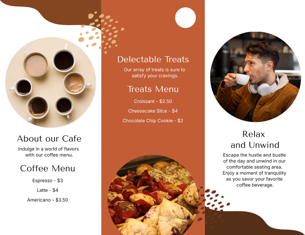 Free Restaurant Cafe Coffee Tri-Fold Brochure Template to Edit Online