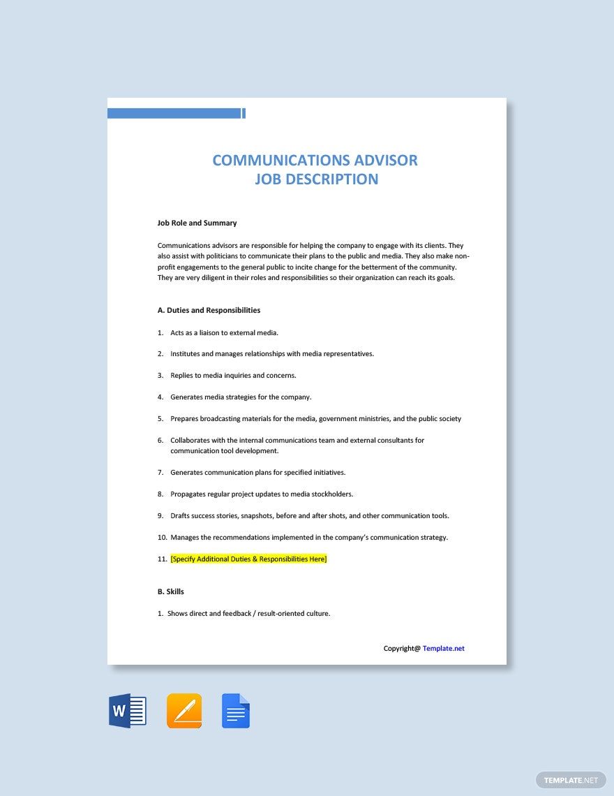 Communications Advisor Job Description Template