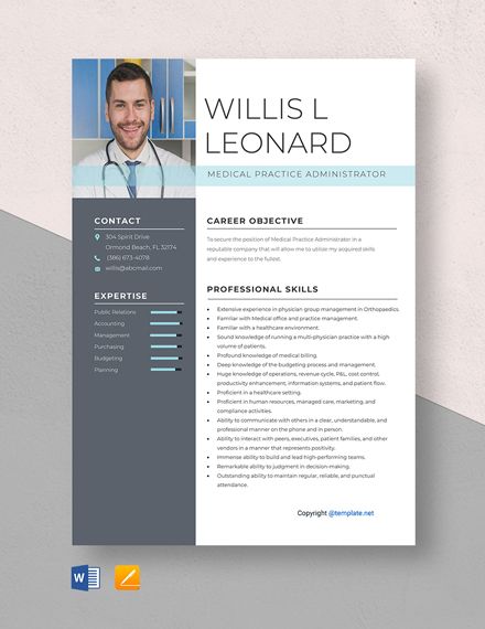 Medical Practice Administrator Resume Template - Word, Apple Pages