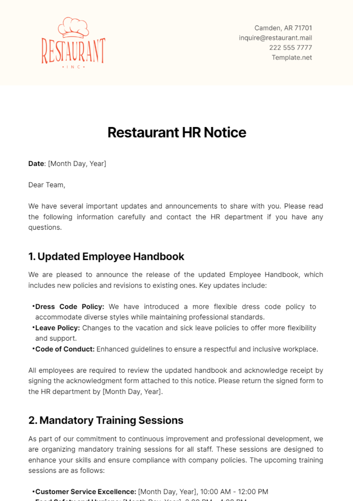 Free Restaurant HR Notice Template