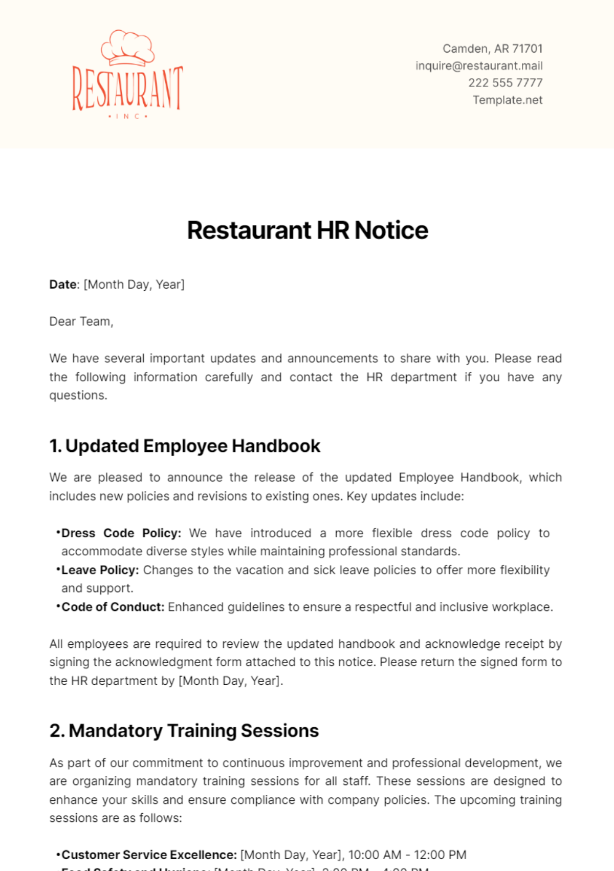 Restaurant HR Notice Template - Edit Online & Download