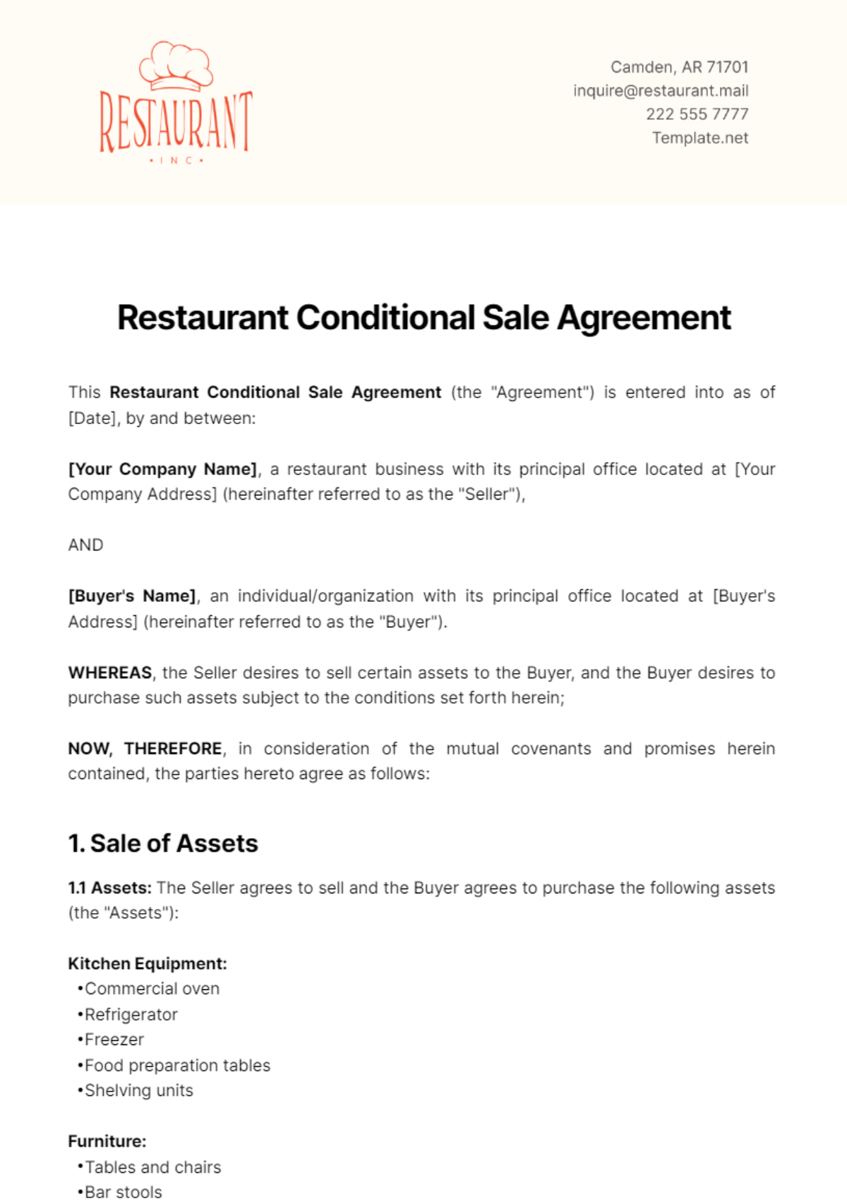 Restaurant Conditional Sale Agreement Template - Edit Online & Download