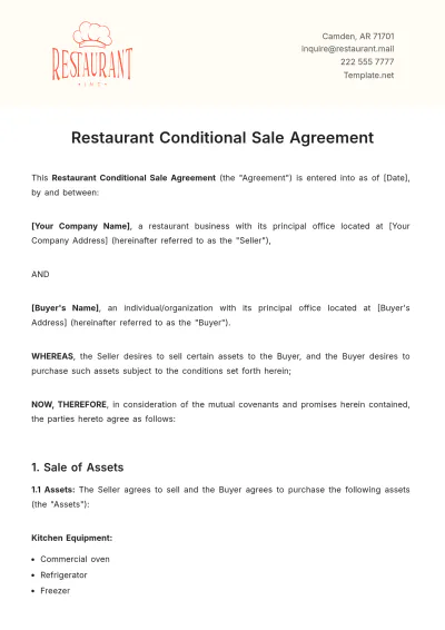 Free Restaurant Conditional Sale Agreement Template to Edit Online
