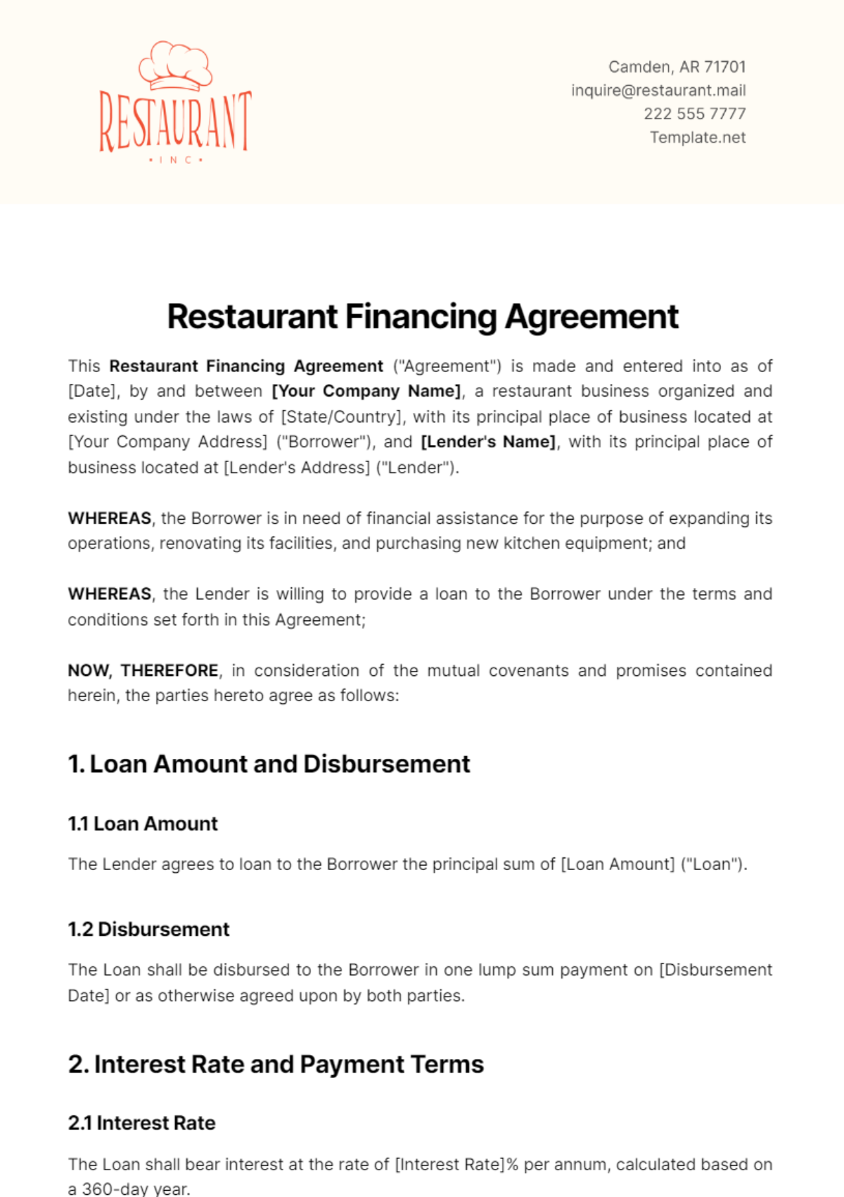 Restaurant Financing Agreement Template - Edit Online & Download