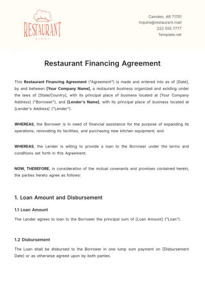 Free Restaurant Financing Agreement Template to Edit Online