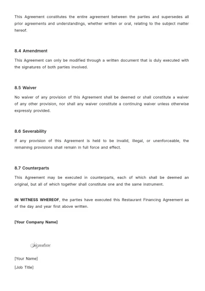Free Restaurant Financing Agreement Template to Edit Online