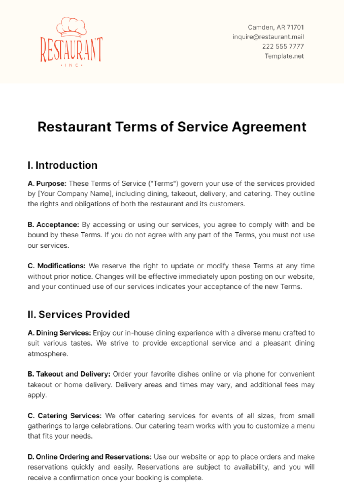 Restaurant Terms of Service Agreement Template