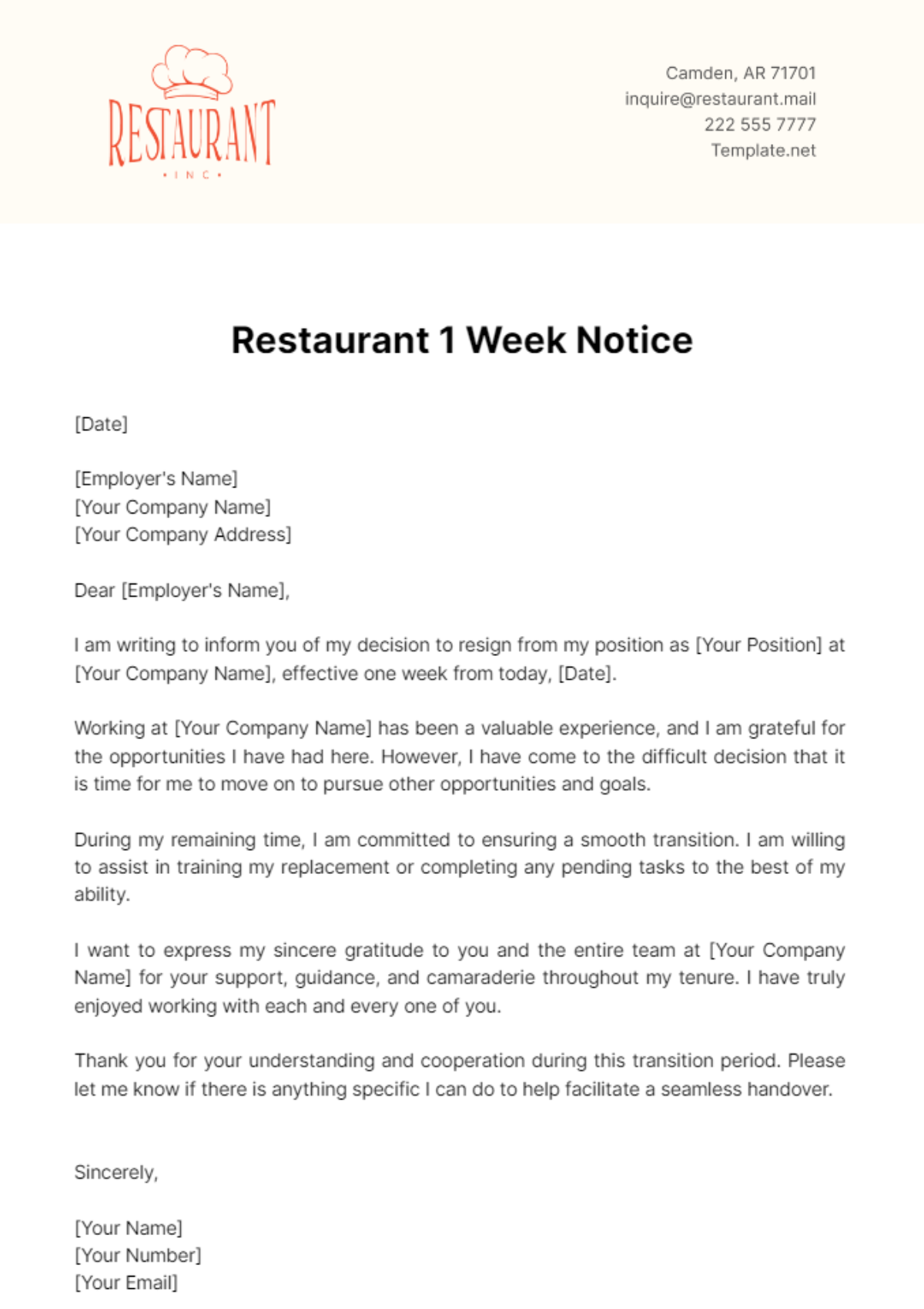 Free Restaurant 1 Week Notice Template