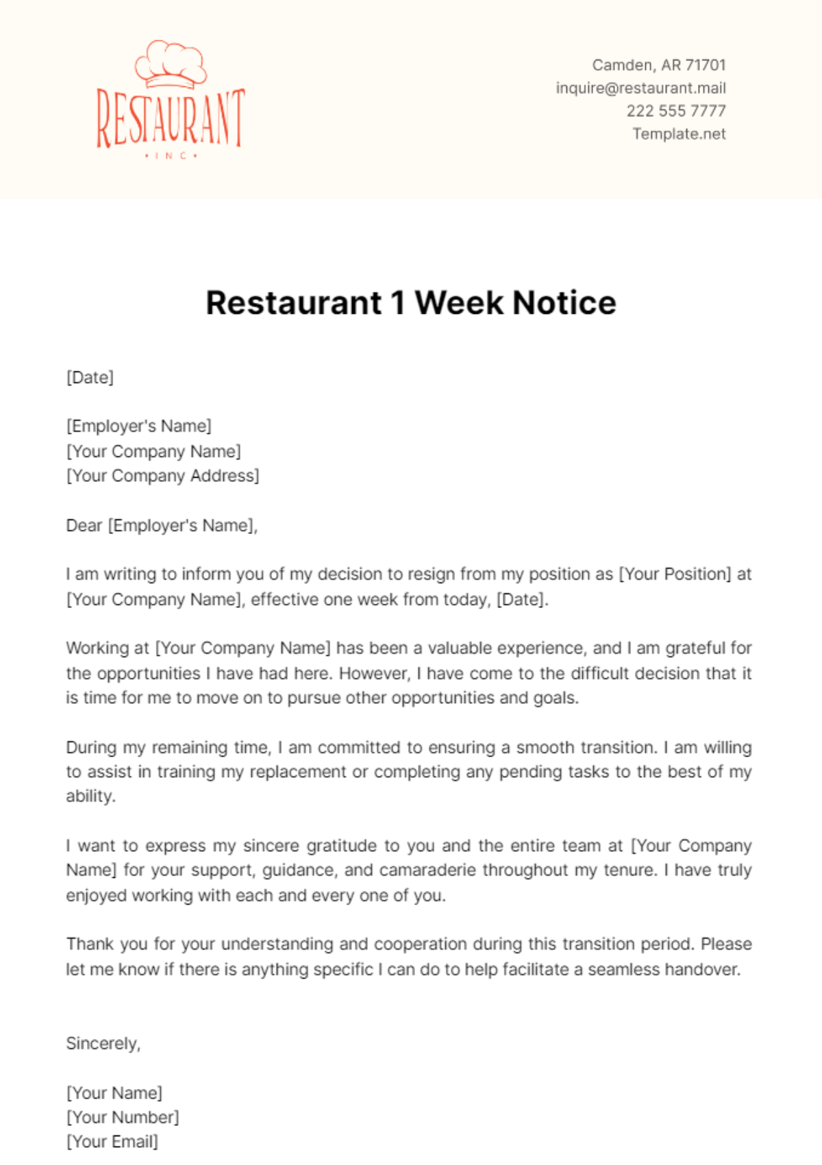 Restaurant 1 Week Notice Template - Edit Online & Download