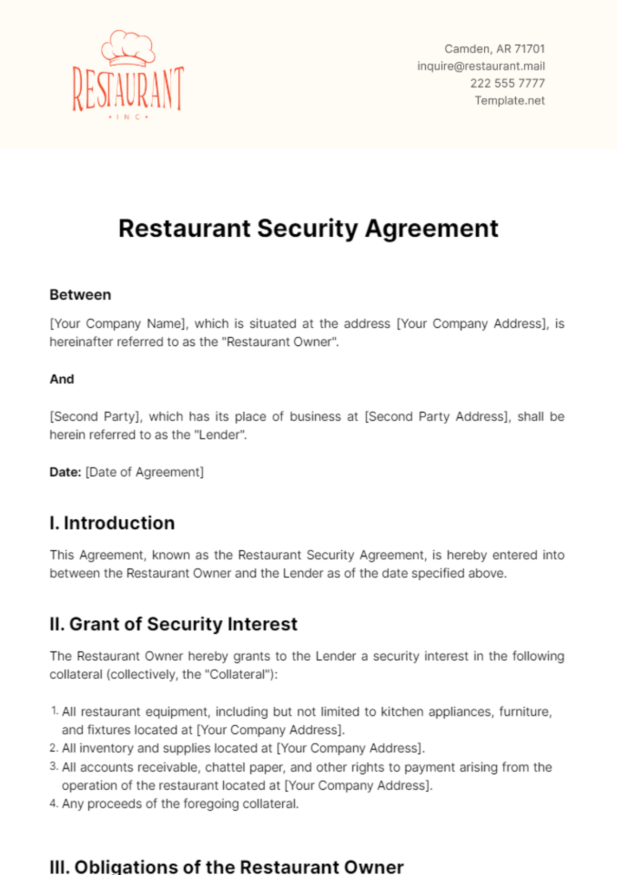 Restaurant Security Agreement Template - Edit Online & Download