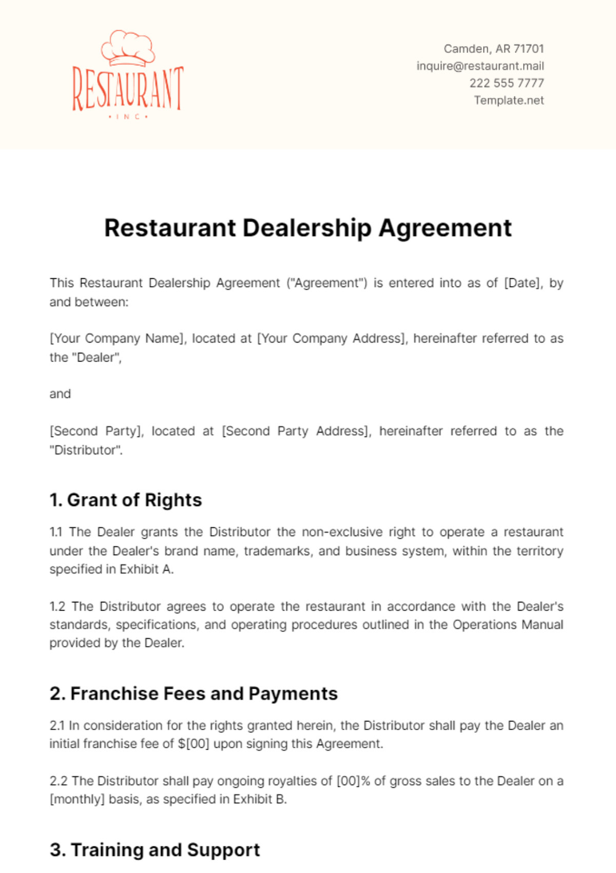 Restaurant Dealership Agreement Template - Edit Online & Download