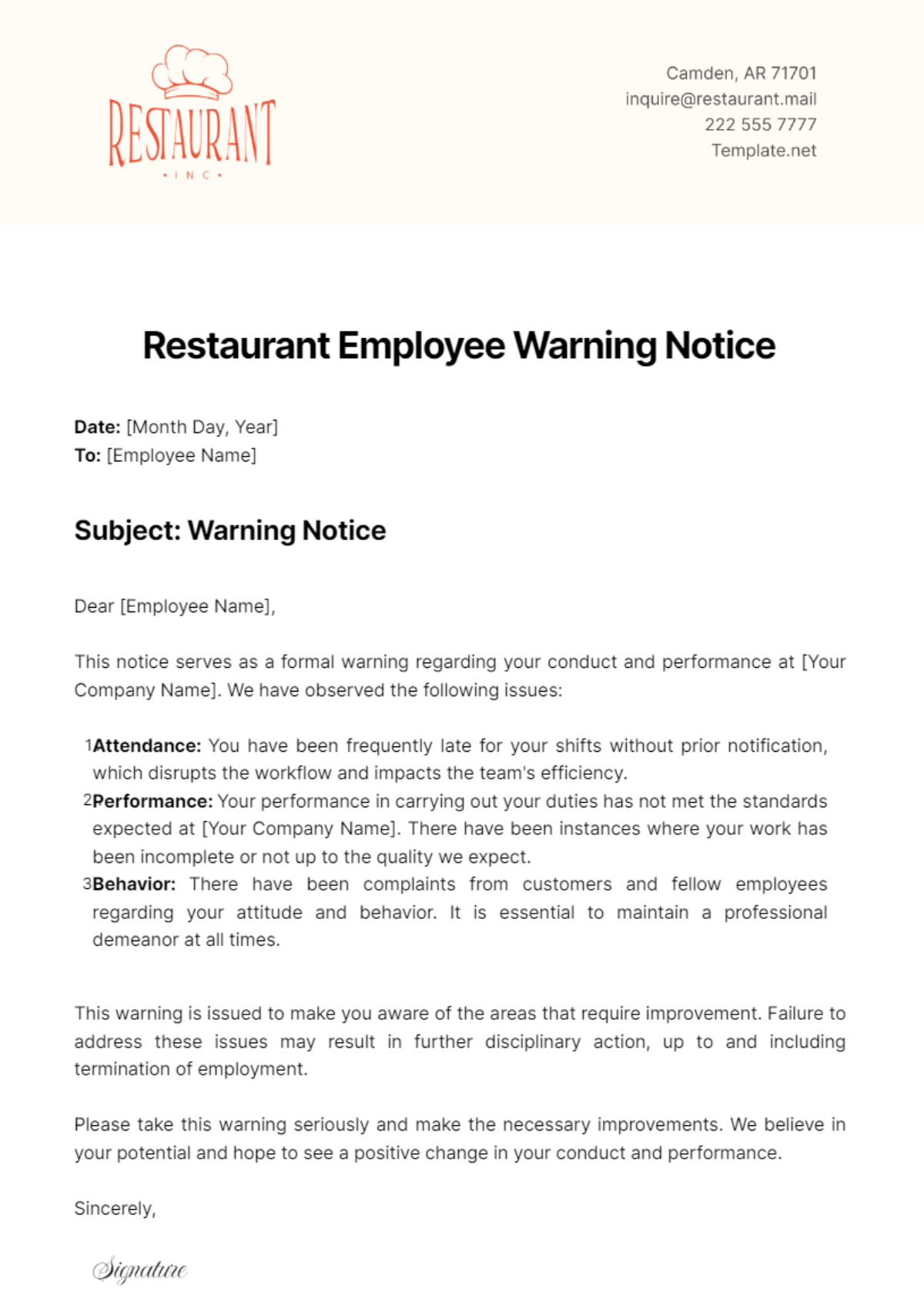 Free Restaurant Employee Warning Notice Template