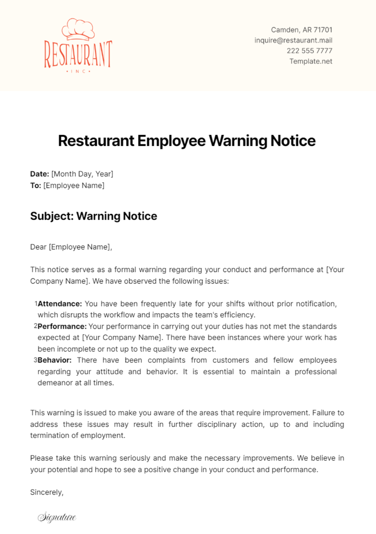 Restaurant Employee Warning Notice Template - Edit Online & Download