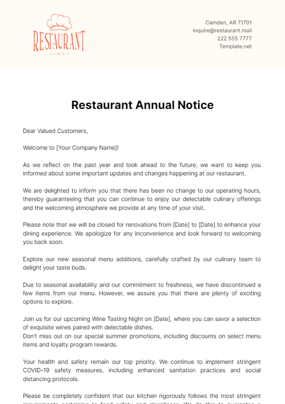 Free Restaurant Annual Notice Template
