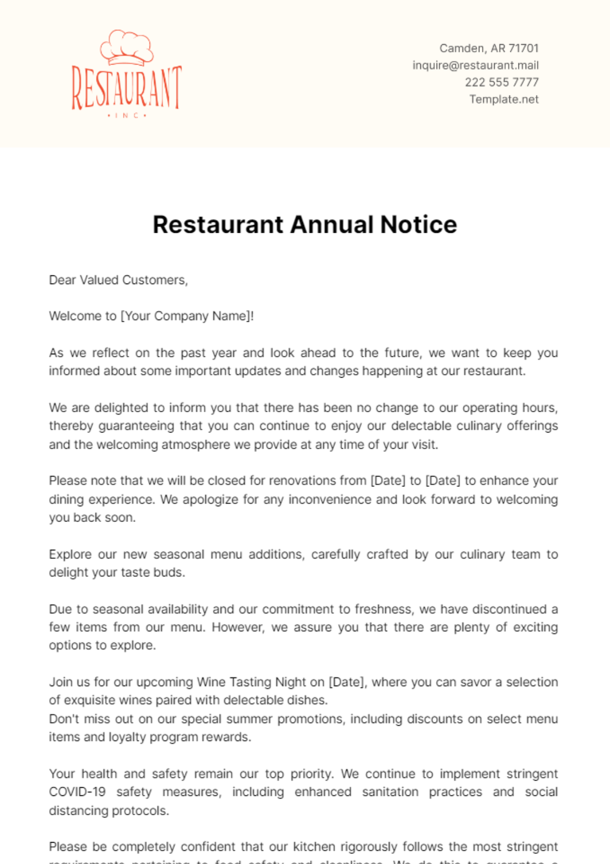 Restaurant Annual Notice Template - Edit Online & Download