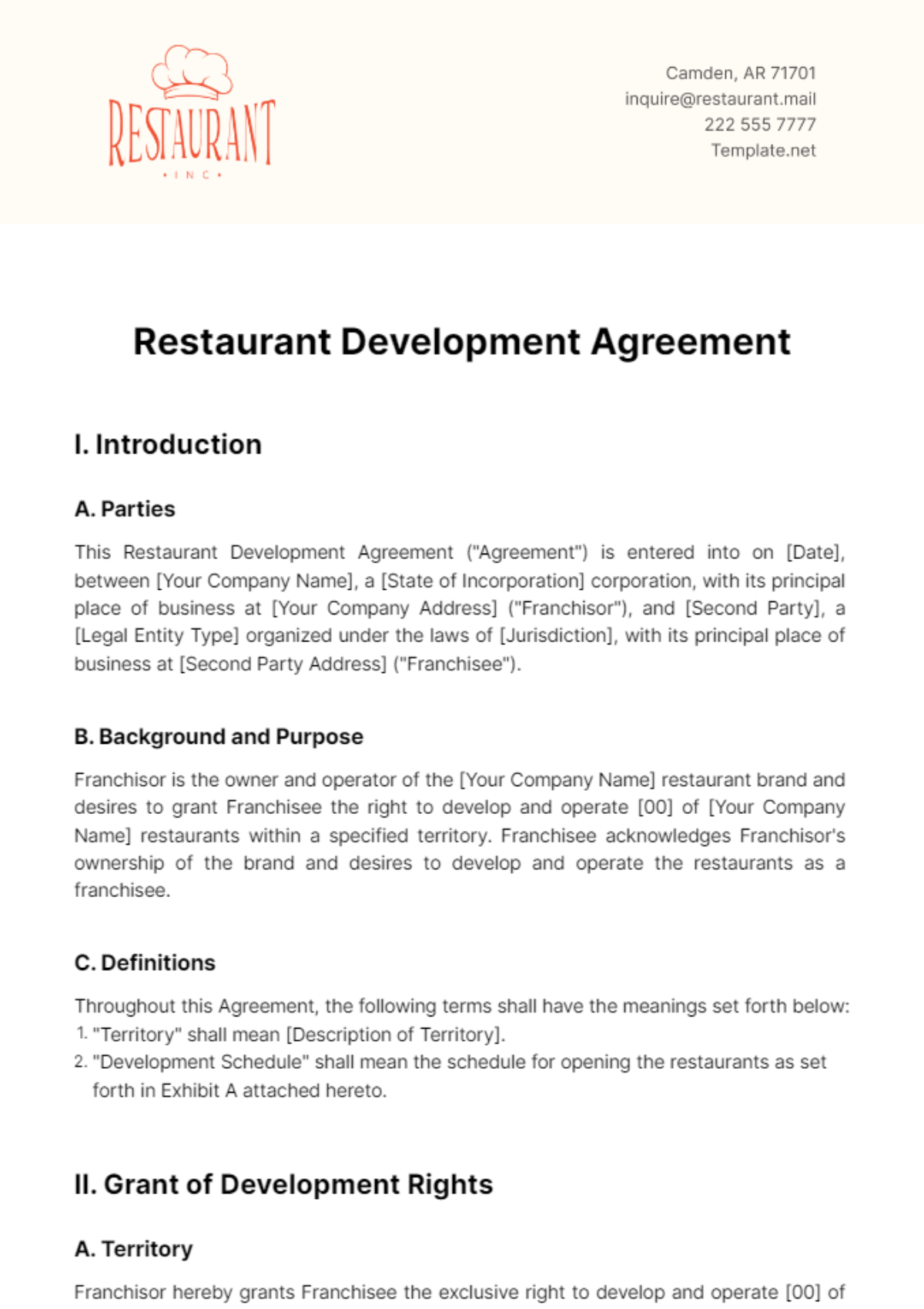 Restaurant Development Agreement Template - Edit Online & Download