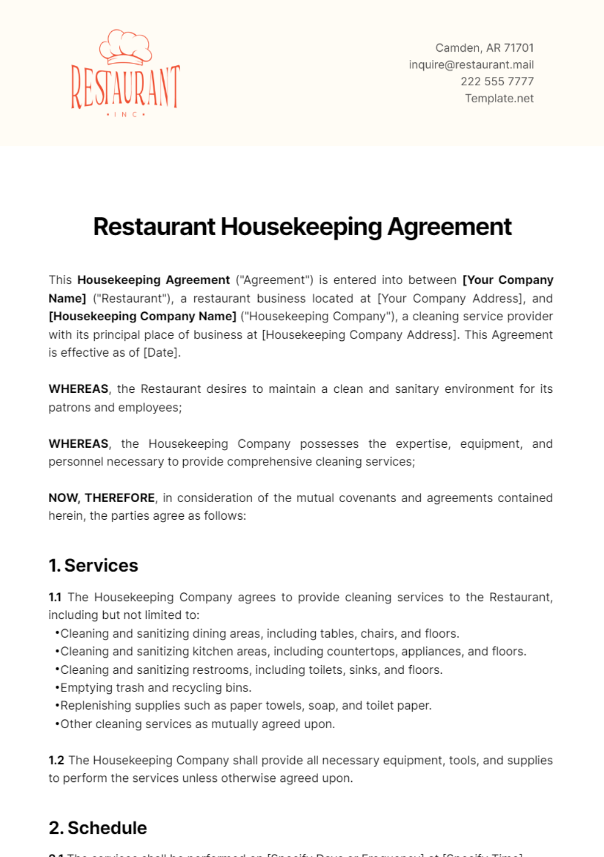 Restaurant Housekeeping Agreement Template - Edit Online & Download