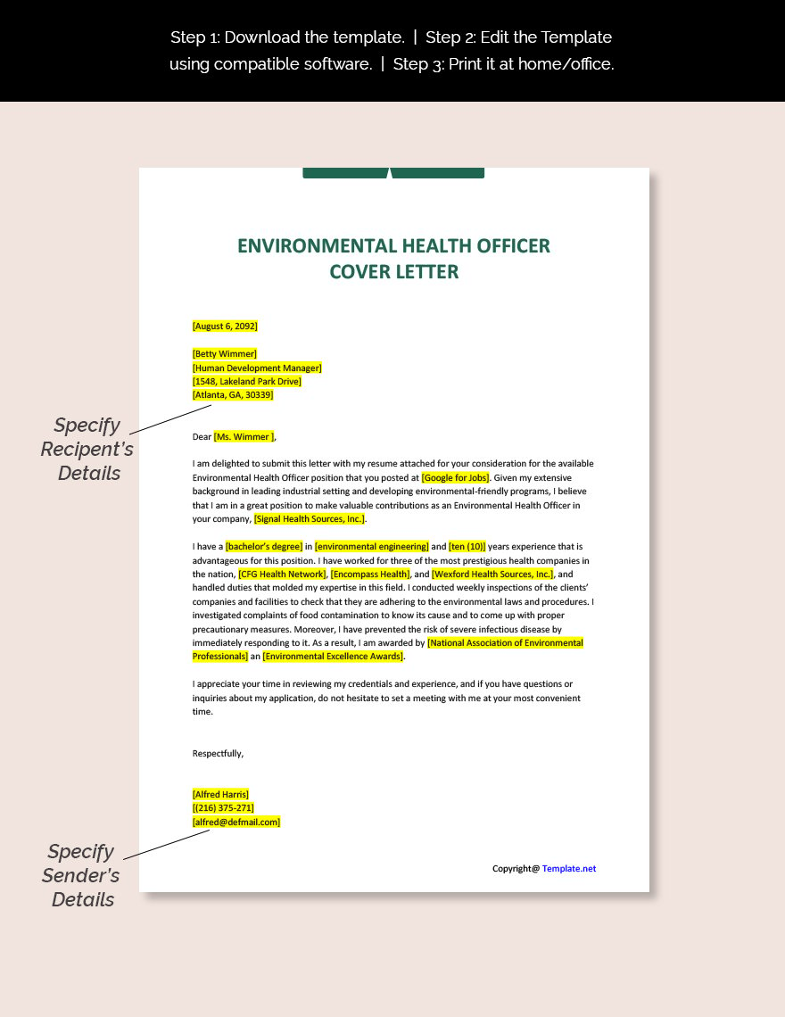 Environmental Health Officer Cover Letter