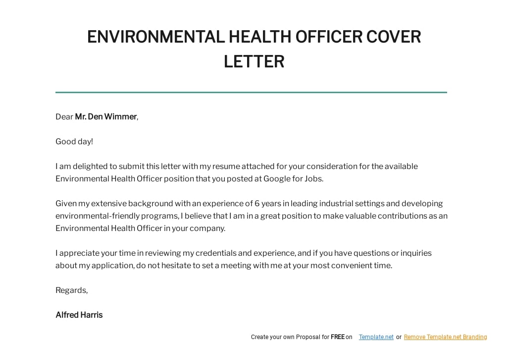 Free Environmental Health Technician Cover Letter Template Google   Free Environmental Health Officer Cover Letter Template 