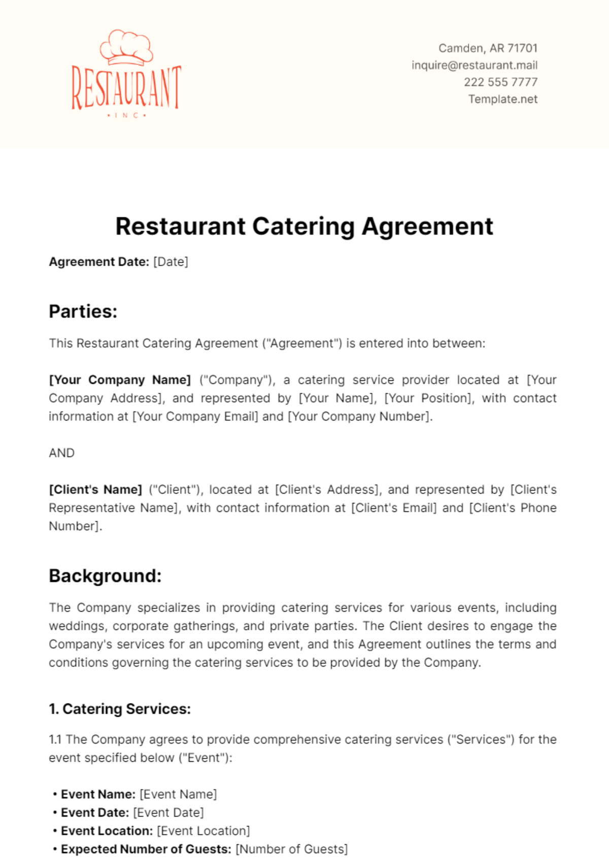 Restaurant Catering Agreement Template - Edit Online & Download