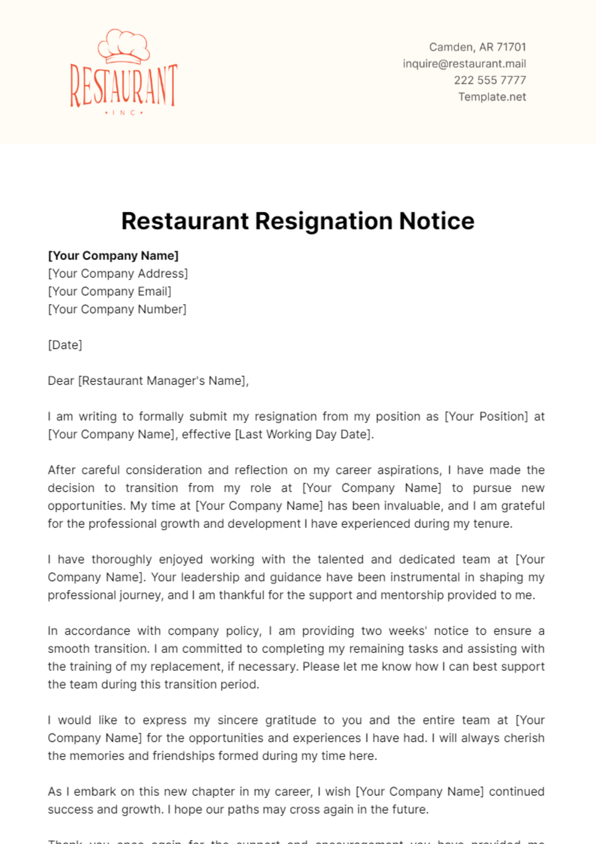 Free Restaurant Resignation Notice Template