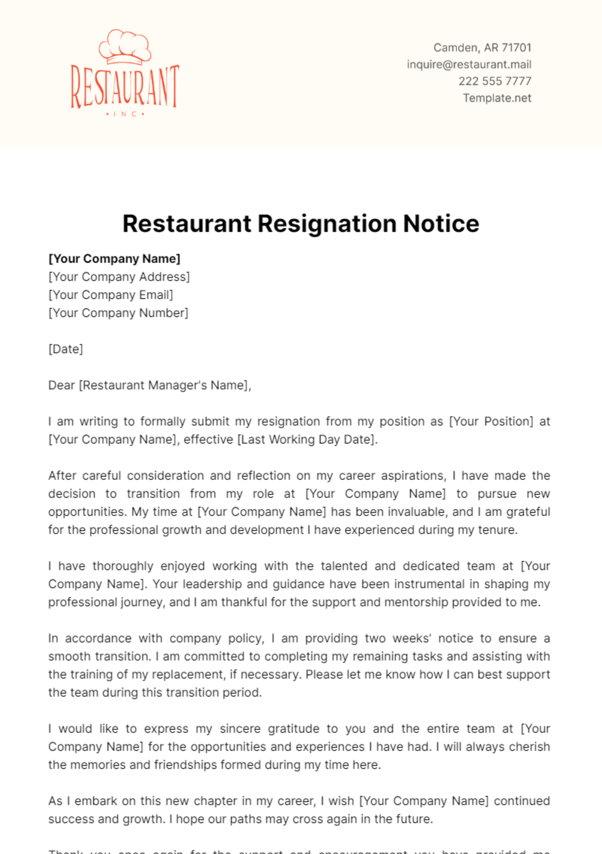 Restaurant Resignation Notice Template - Edit Online & Download