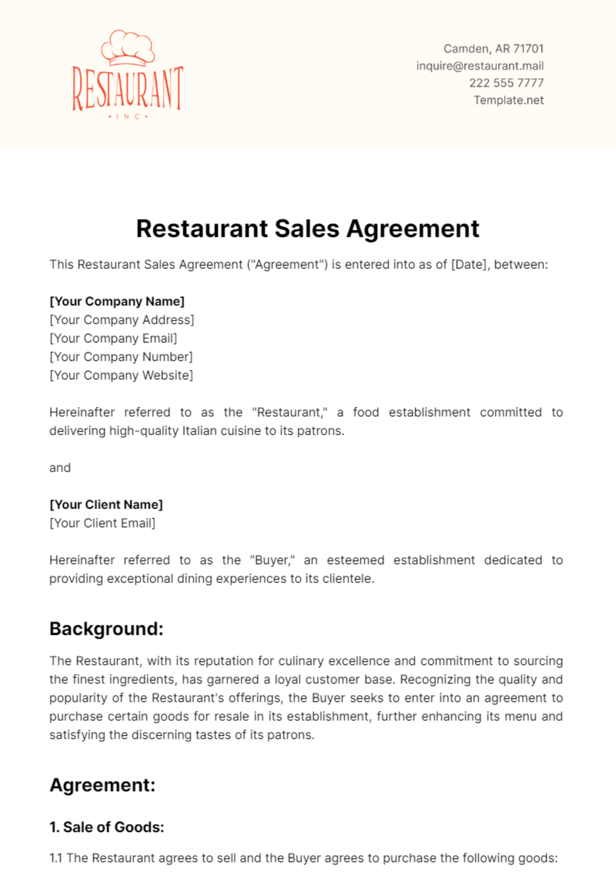 Restaurant Sales Agreement Template - Edit Online & Download