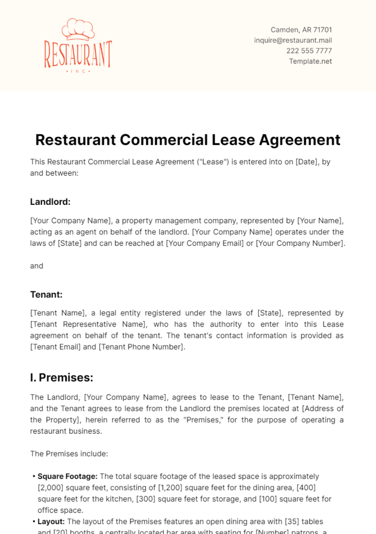 Restaurant Commercial Lease Agreement Template