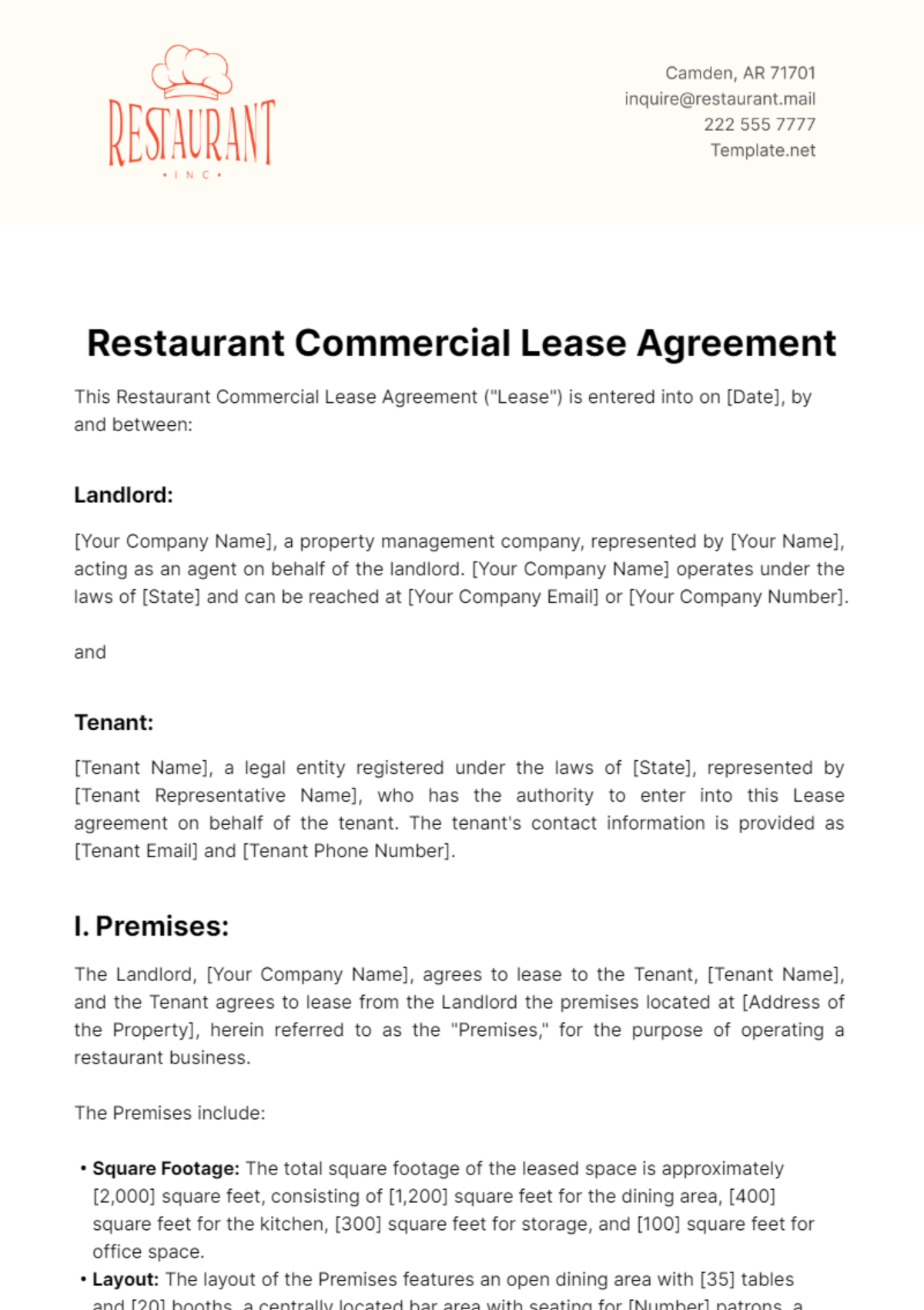 Restaurant Commercial Lease Agreement Template - Edit Online & Download