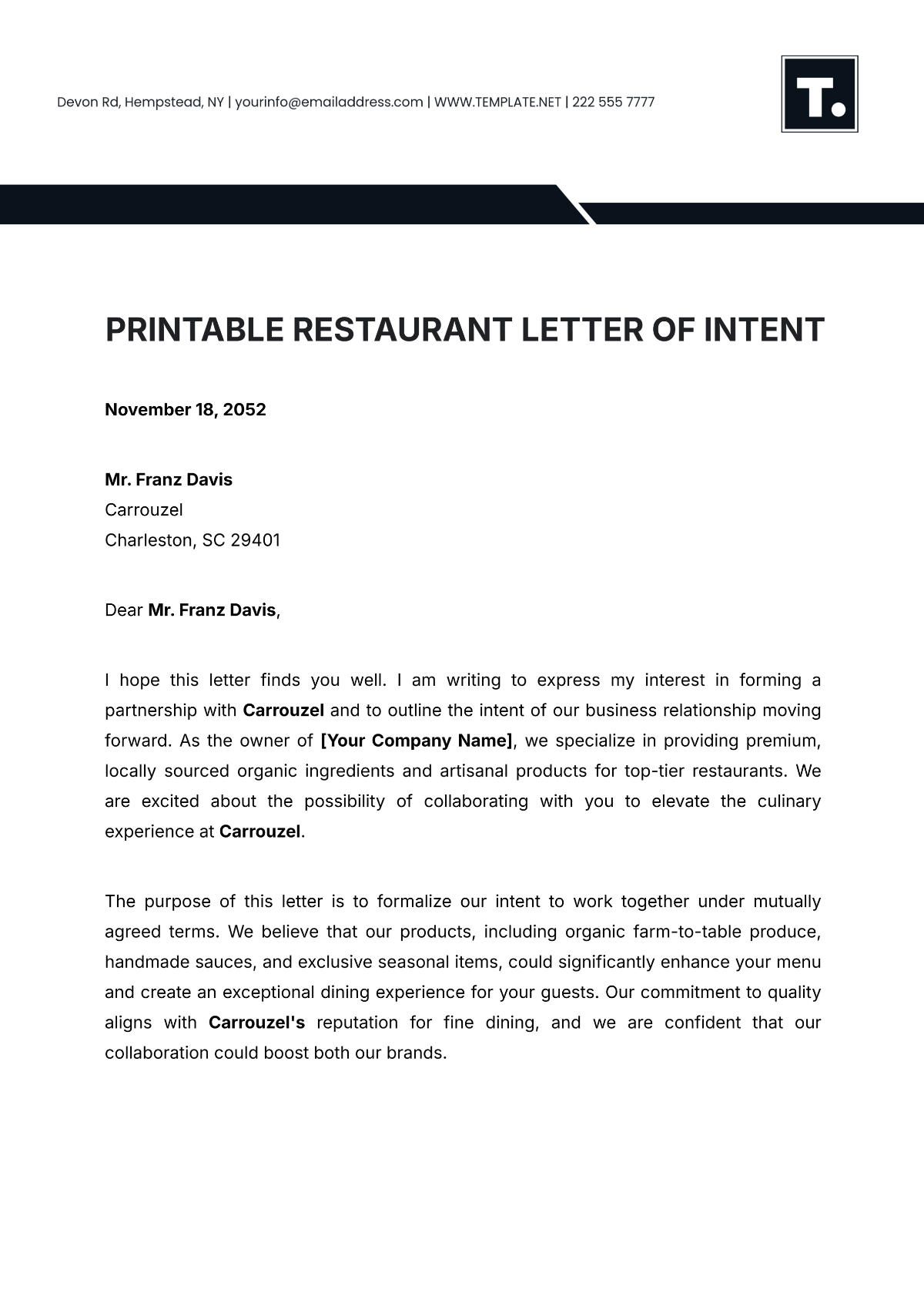 Printable Restaurant Letter of Intent Template - Edit Online & Download