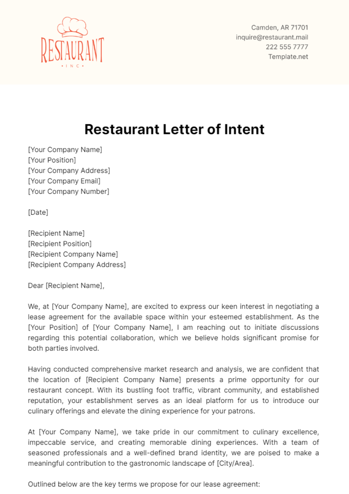 Restaurant Letter of Intent Template - Edit Online & Download