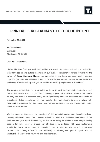 Free Printable Restaurant Letter of Intent Template to Edit Online