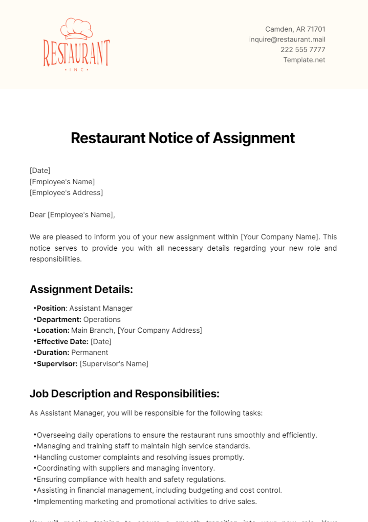 Restaurant Notice of Assignment Template - Edit Online & Download