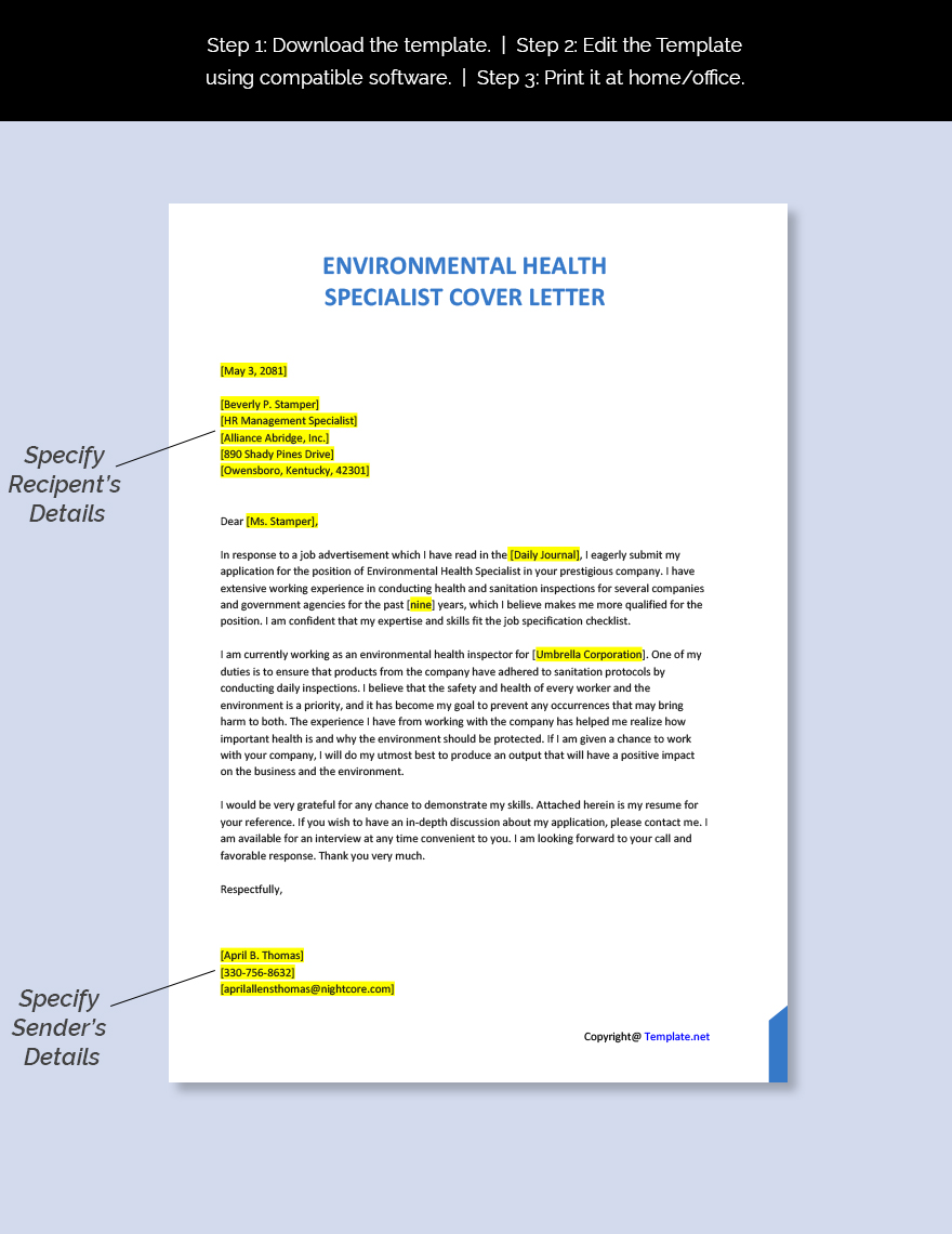 Environmental Health Specialist Cover Letter