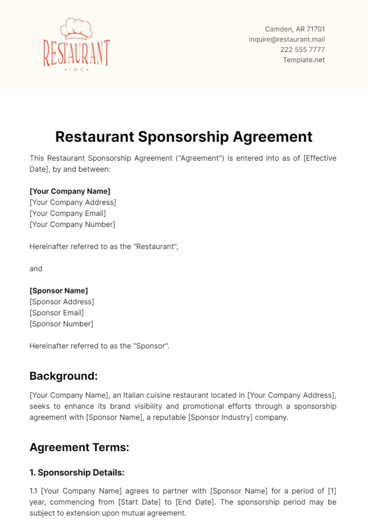 Restaurant Sponsorship Agreement Template - Edit Online & Download