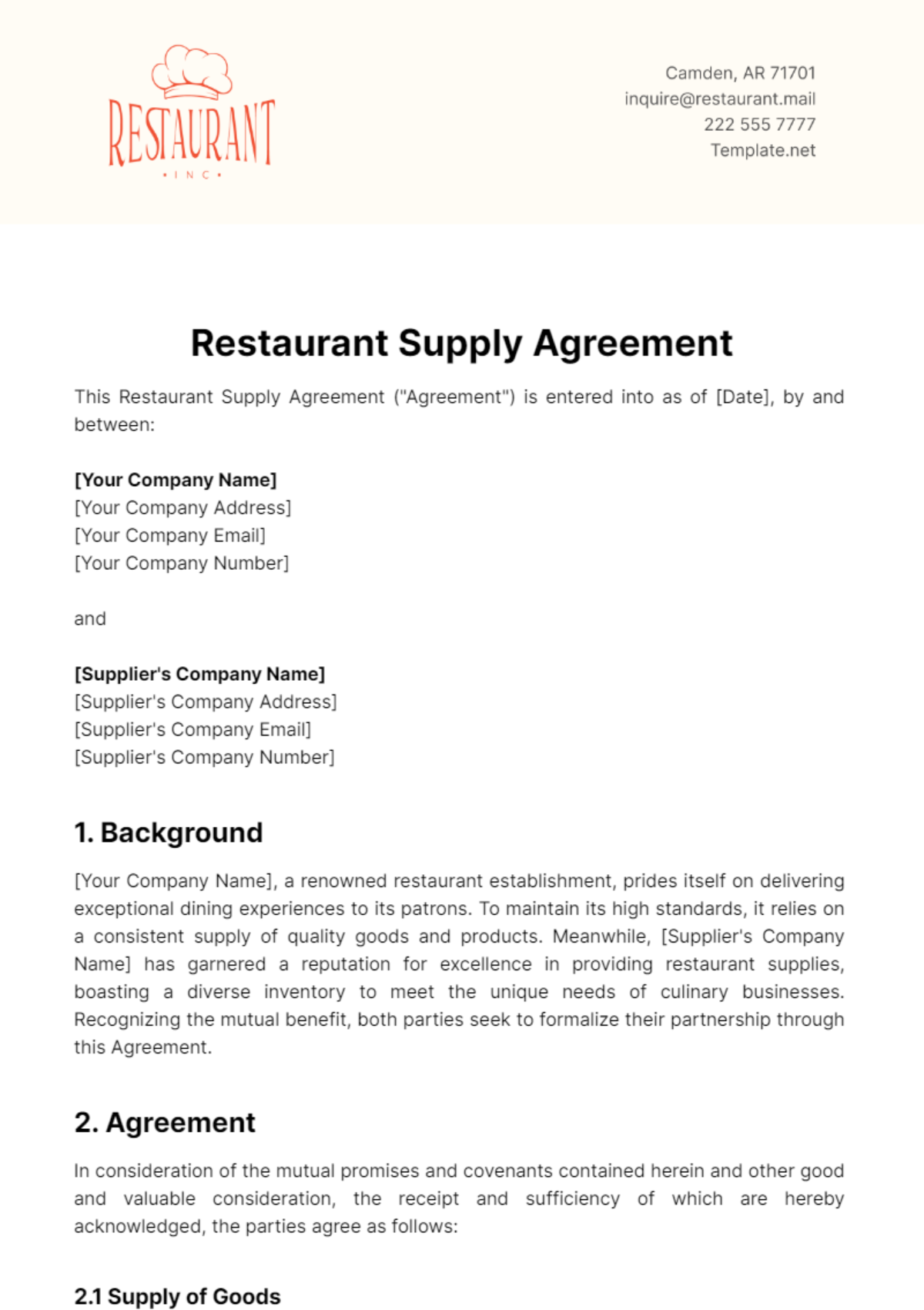 Restaurant Supply Agreement Template