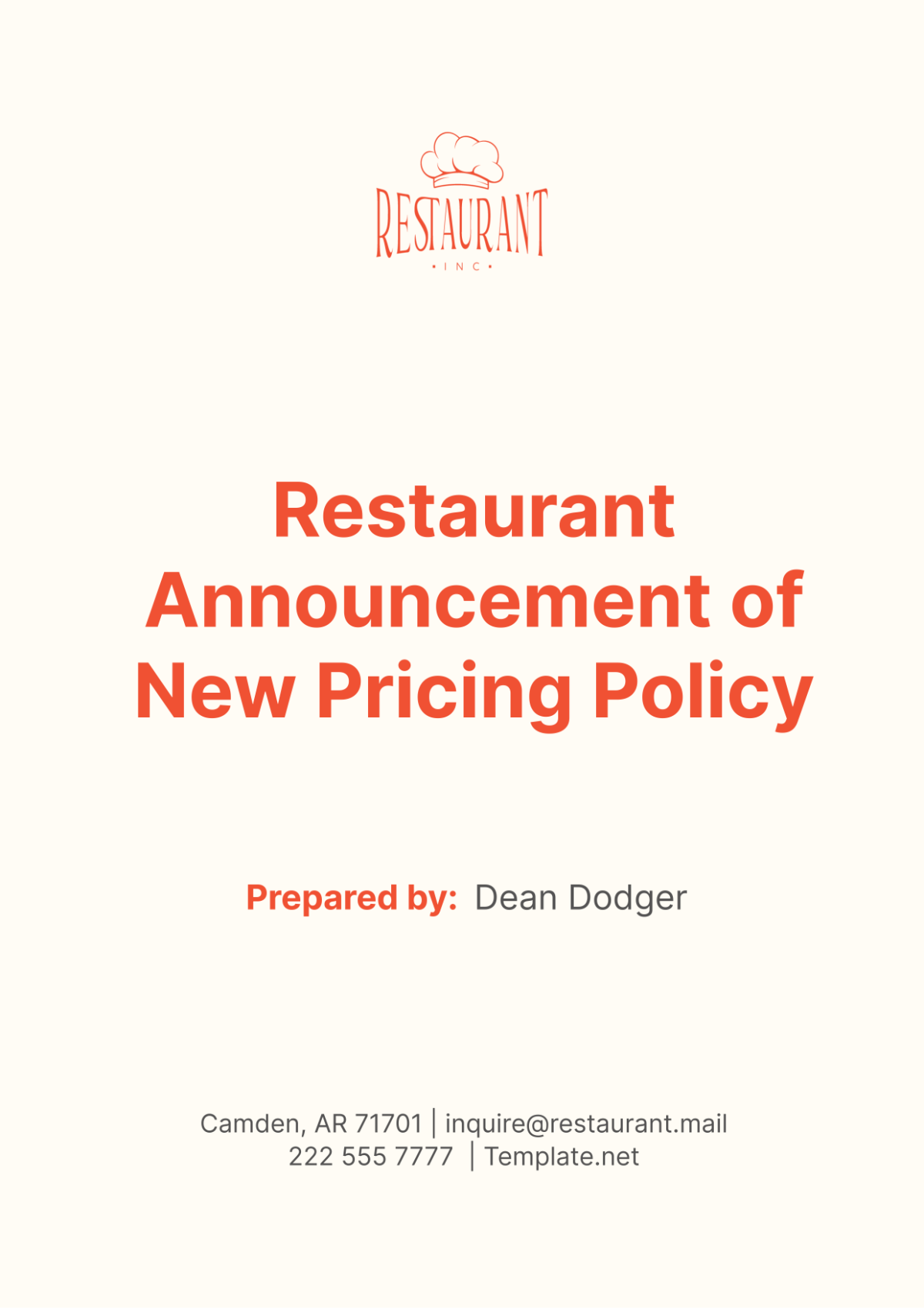 Restaurant Announcement of New Pricing Policy Template