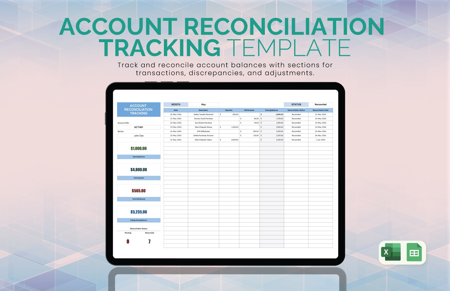 Account Reconciliation Tracking Template in Excel, Google Sheets
