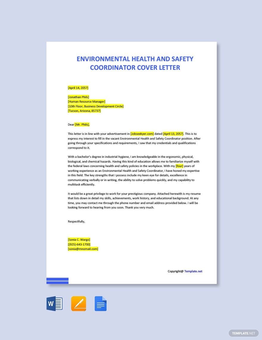 Free Environmental Health And Safety Coordinator Cover Letter Template