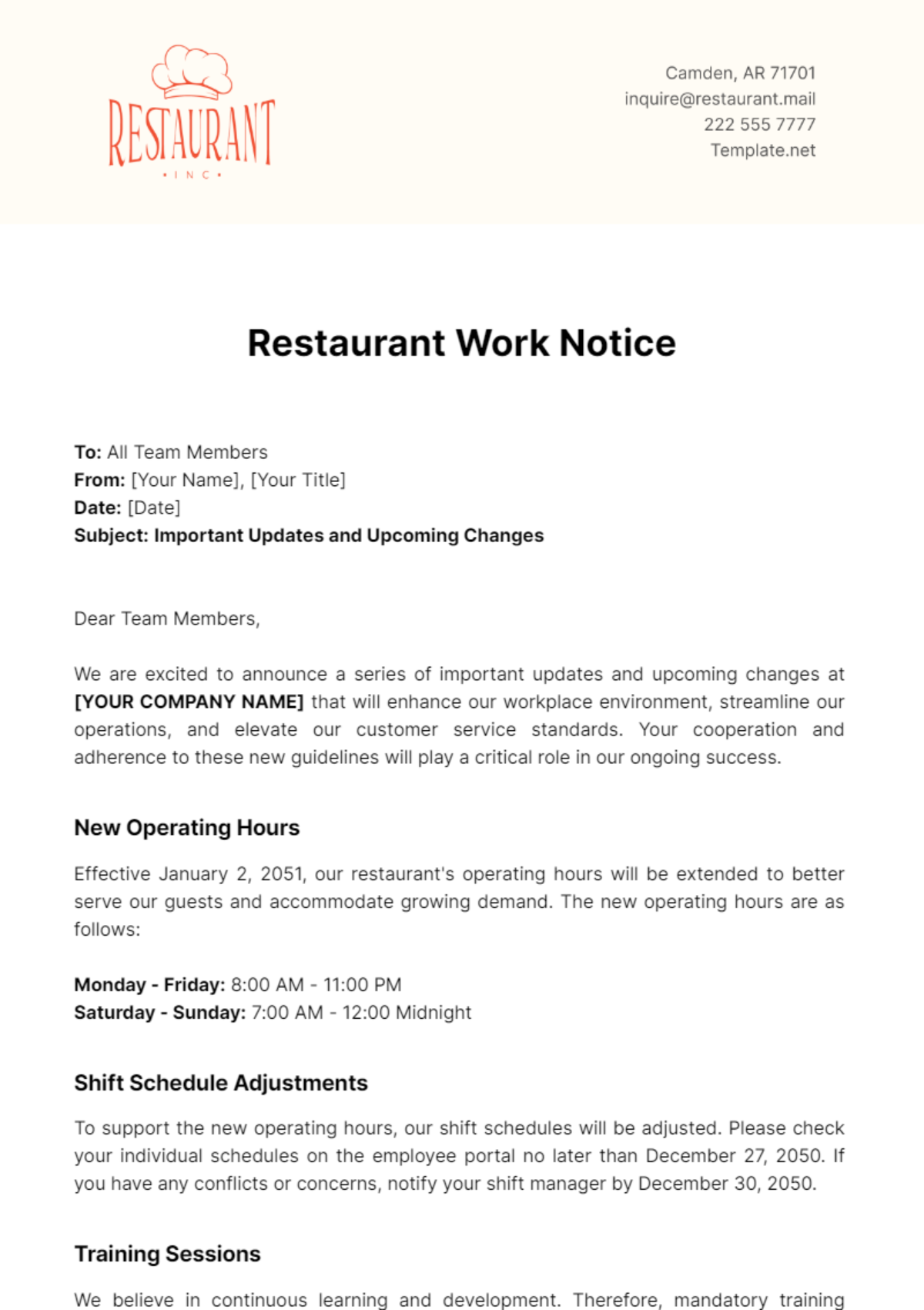 Free Restaurant Work Notice Template